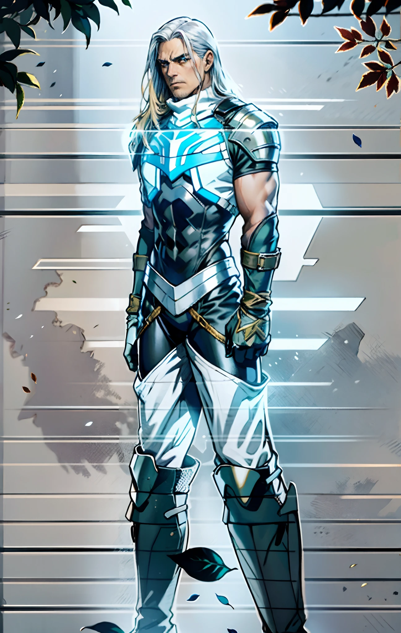 A middle-aged man, long platinum-blond hair, neatly combed hair, a square face, a serious expression, sharp eyes, tall figure, a dark fantasy-realistic style bodysuit, short sleeve, a silver-white chestplate, gloves with metal accessories, three metal blades extending from the gloves, tight-fitting pants that match the bodysuit, silver-white metal shin guards, boots, the background is a mountain forest at night, with falling leaves, this character embodies a finely crafted fantasy-realistic style assassin in anime style, characterized by an exquisite and mature manga illustration art style, high definition, best quality, highres, ultra-detailed, ultra-fine painting, extremely delicate, professional, anatomically correct, symmetrical face, extremely detailed eyes and face, high quality eyes, creativity, RAW photo, UHD, 8k, Natural light, cinematic lighting, masterpiece-anatomy-perfect, masterpiece:1.5