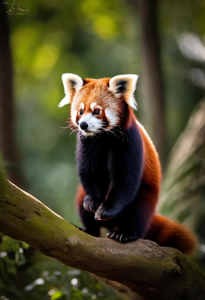 Cute red panda standing on a tree trunk,and the sun was shining brightly