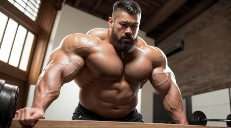 (Very detailed 8k wallpaper), Strong Asian Men, At the gym, high detailing, buzzcut, very short beard, very large and strong body, bulging muscles, well-muscled, very large pectoral muscles. Very sexy abs, legs are muscular, Toned figure, lightens oily skin, muscular, Tank top, T-shirt, longshot, Wide Shot