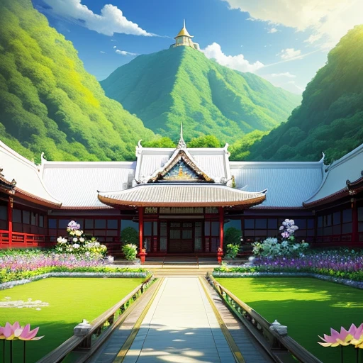 with a realistic、Be authentic、beautifly、amazing landscape、with blue sky and white clouds、flower、Chii、the woods 、mont、The lotus flowers,garden,vila,city,region,Yellow Temple、a paradise、a chair、a bed、Smoke、Fluttering Flag、Indoor, Red carpet,canopy,thai style,Resort、springtime、full bloom、flat land、celestial realm、Yellow roof、safety、railing、placid