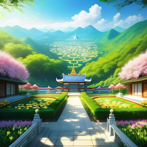 with a realistic、Be authentic、beautifly、amazing landscape、with blue sky and white clouds、flower、Chii、the woods 、mont、The lotus flowers,garden,vila,city,region,Yellow Temple、a paradise、a chair、a bed、Smoke、Fluttering Flag、Indoor, Red carpet,canopy,thai style,Resort、springtime、full bloom、flat land、celestial realm、Yellow roof、safety、railing、placid