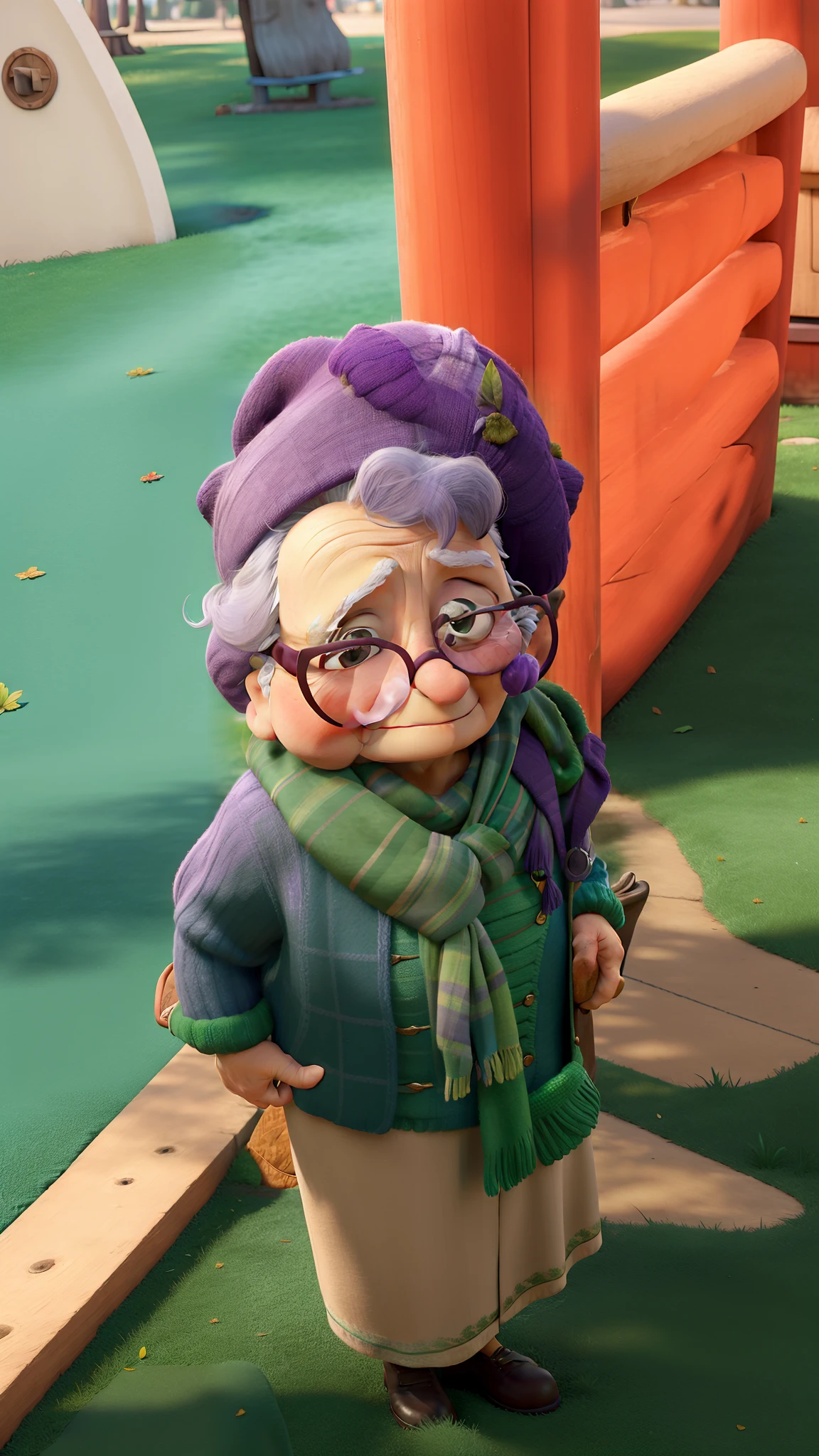 masterpiece, best quality, an old woman with glasses and a scarf on, wearing a purple coat and green scarf, standing at the park