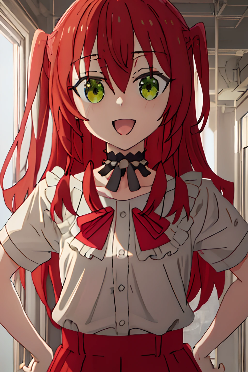 best quality, masterpiece, highres, solo, {kita_ikuyo_bocchitherock:1.15}, red_hair, long_hair, bangs, hair_between_eyes, one_side_up, green_eyes, 1girl, :d, black_choker, choker, looking_at_viewer, open_mouth, shirt, white_shirt, short_sleeves, Sad face.up chest.put hands on the hip.large full breasts.