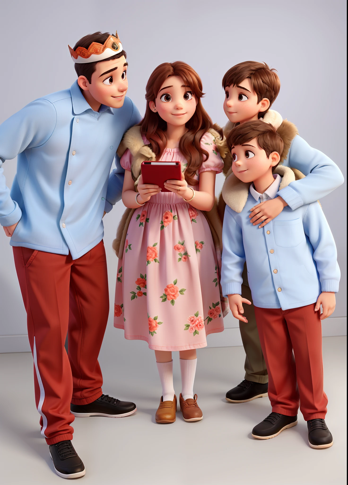 two girls, curious, fearless, smiling, wavy brown hair, dressed in colorful clothes and a magical scarf, next to the old fairy queen,