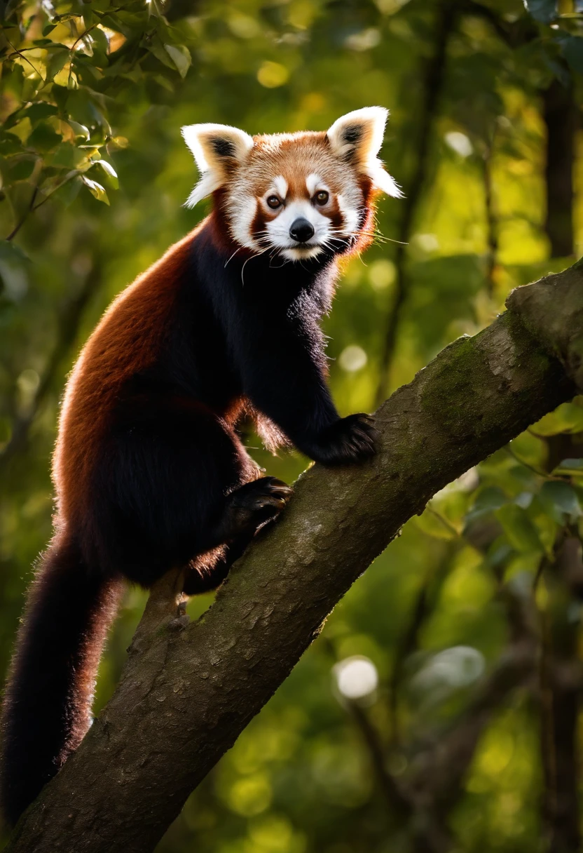 Cute red panda standing on a tree trunk，and the sun was shining brightly，hyper HD，best qualtiy