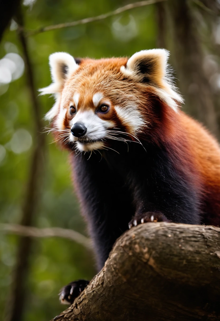 Cute red panda standing on a tree trunk,and the sun was shining brightly,hyper HD,best qualtiy