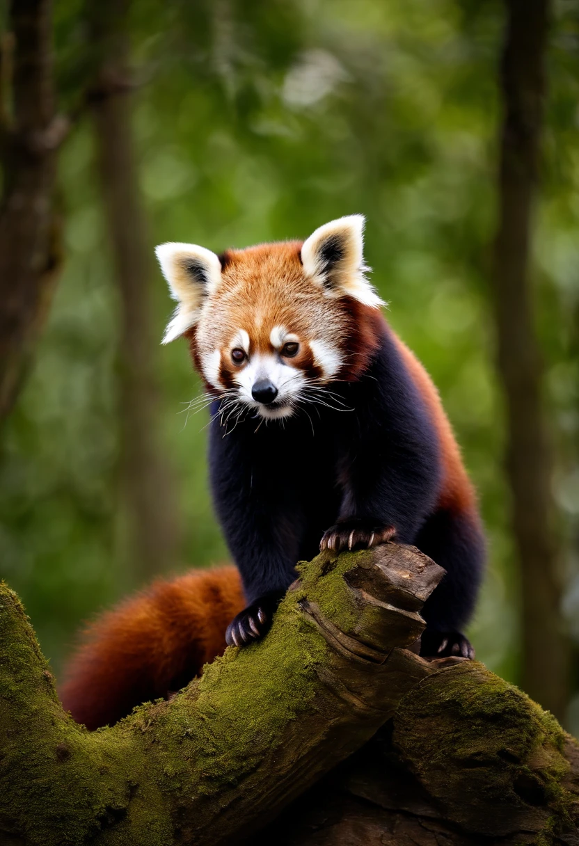 Cute red panda standing on a tree trunk,and the sun was shining brightly,hyper HD,best qualtiy