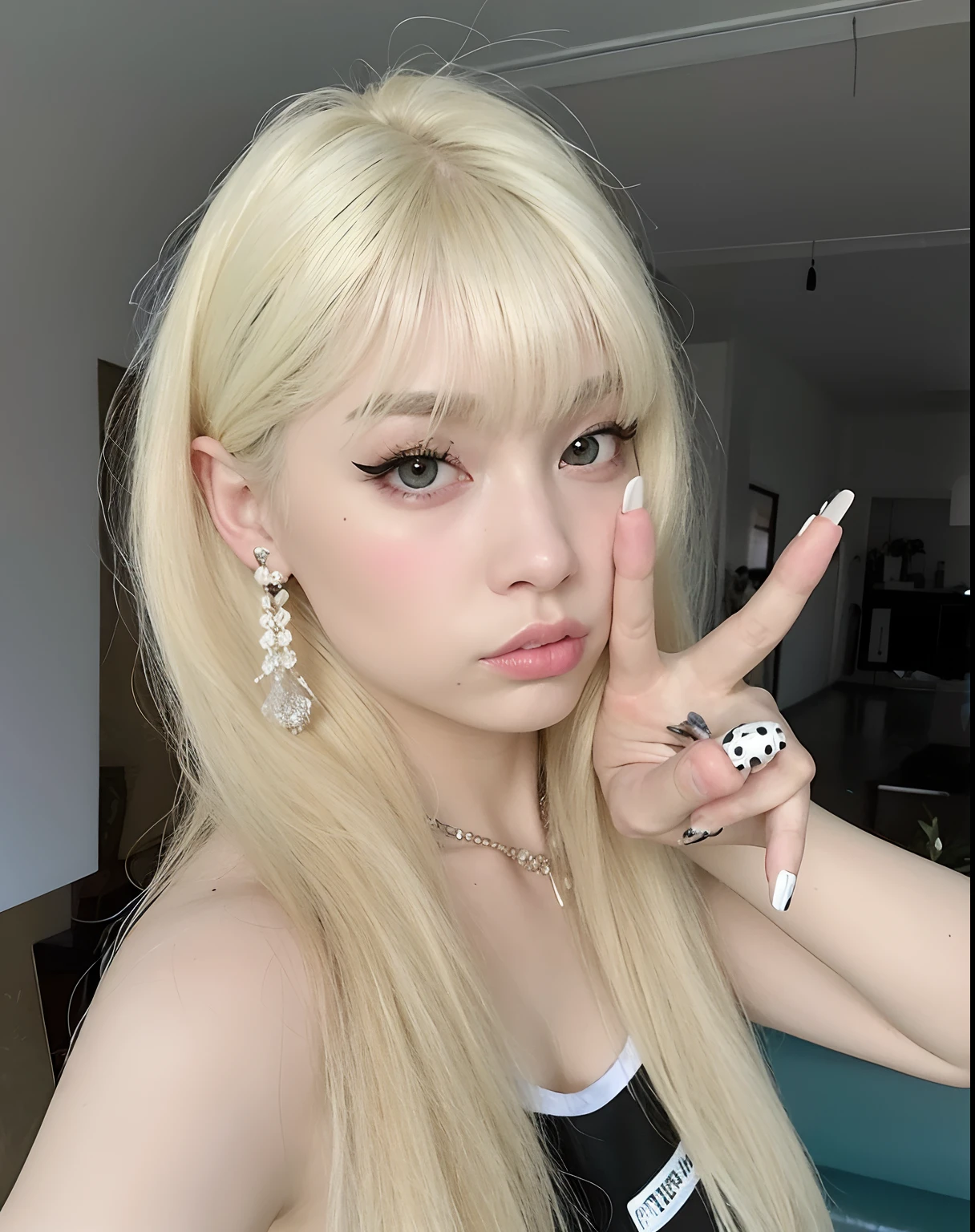 Menina loira com cabelo longo e piercings posando para uma foto, longos cabelos brancos e franja, very very pale blond hair, franja branca, branco hime corte penteado, extremely pale blond hair, Lalisa Manobal, com cabelos longos brancos, Ulzzang, com franja completa, cabelo whitebangs cabelo, com longos cabelos brancos, com franja, O corte Hime
