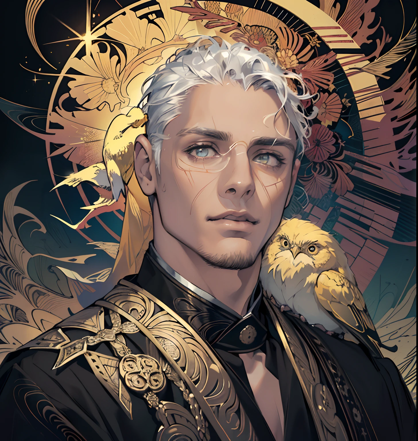 realistic,  (masterpiece, top quality, best quality, official art, beautiful and aesthetic:1.2), extremely detailed,fractal art,colorful,highest detailed,zentangle,(abstract background:1.3)
(1boy:1.3), (golden birds),
silver hair, bright eyes,hair slicked back, short hair, black robe,