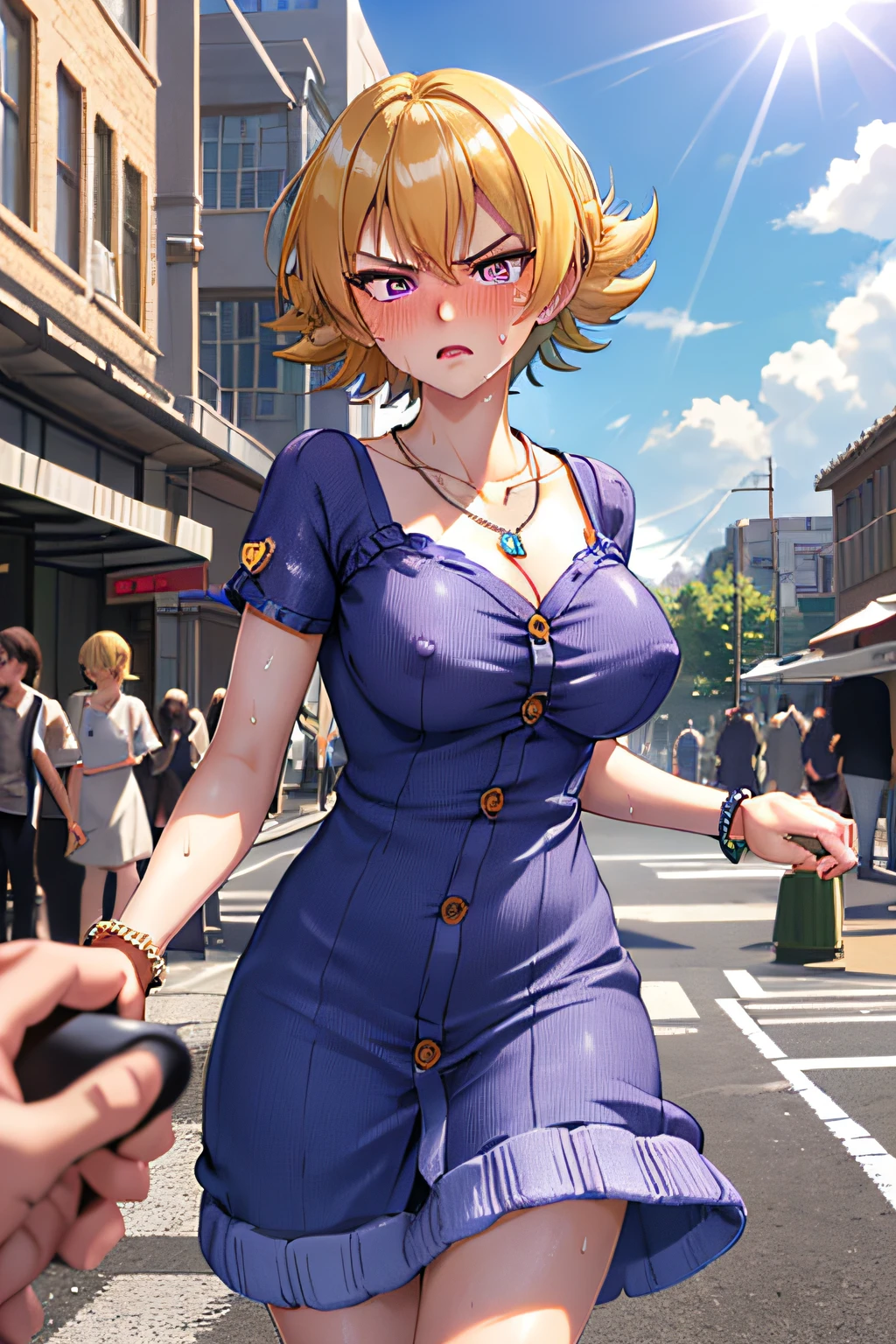 igawa,see through nipples,medium breasts,bouncing breasts,blonde hair,bobcut, purple eyes,(knit dress,delicate embellishments Gorgeous bra:1.2),(sweat gleaming skin:1.1), outdoors,sunlight, spotlight effect,bright sky, blue sky with clouds,strong wind, (school background),(highres, high quality:1.1), intricate details, cinematic lighting, 1girl,(red blush,angry),(Gorgeous Necklace,jewelry, bracelet),(Remote Play:1.2), remote_vibrating, (Someone else's hand holding a button:1.3)、