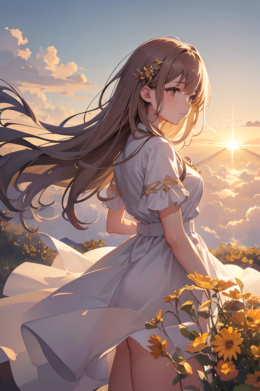 Anime girl with long hair standing in a field of flowers - SeaArt AI