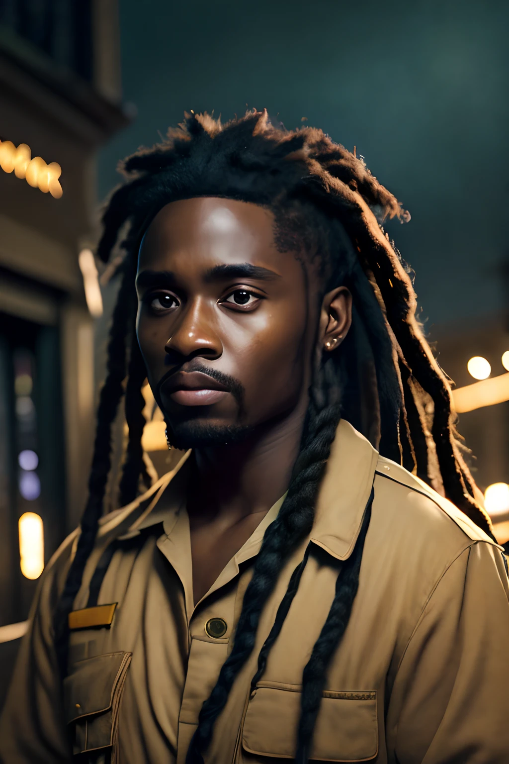 (((Zookeeper))), (extremely detailed 8k wallpaper), Dark Theme, Modern Horror, uses (dirty clothes), fine focus, (subsurface dispersion:1.1), ((young-aged man))), (Dreadlocked black hair), (Brown skin), centered face, award-winning photography, dramatic lighting, a Zoo at night.