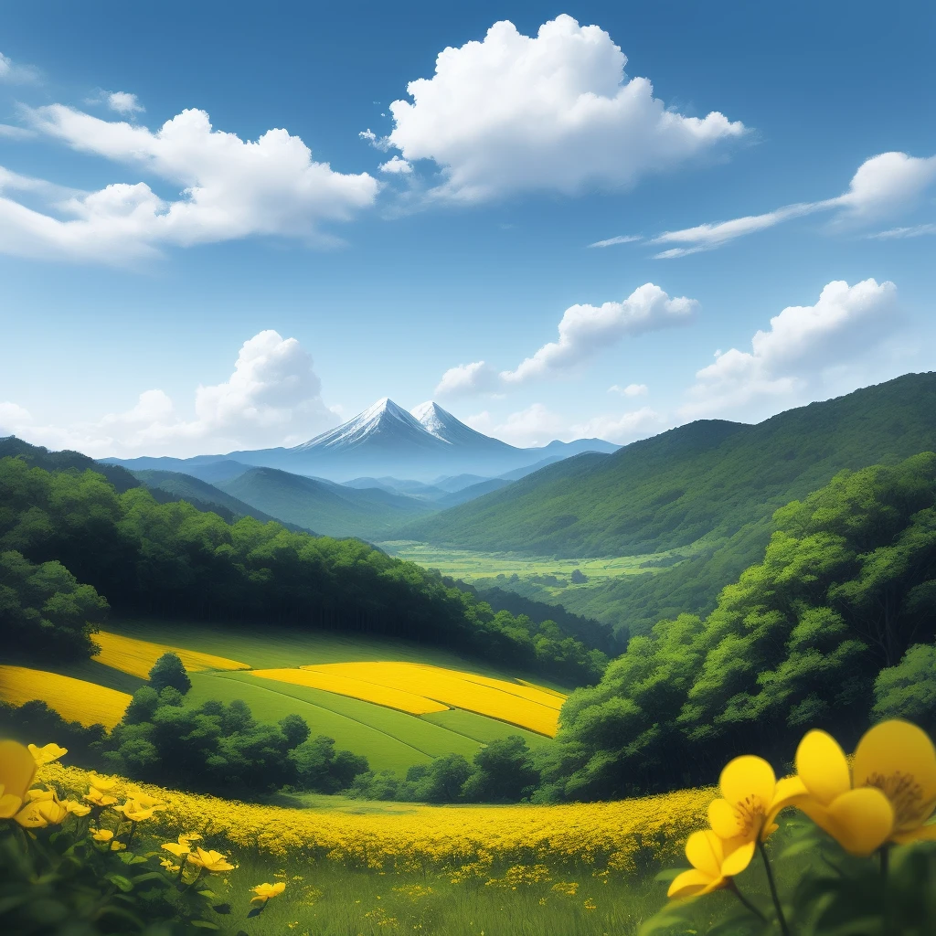 blue open sky　white clouds　A large and wide forest in the distance　Bluish mountain々　The top half of the screen is empty　Yellow flower field in the foreground　Illustration style
