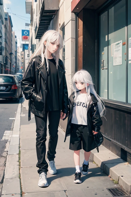 street scene, a 17-year-old girl with long white hair, wearing a black jacket, and a 6-year-old boy with long white hair wearing white t-shirt