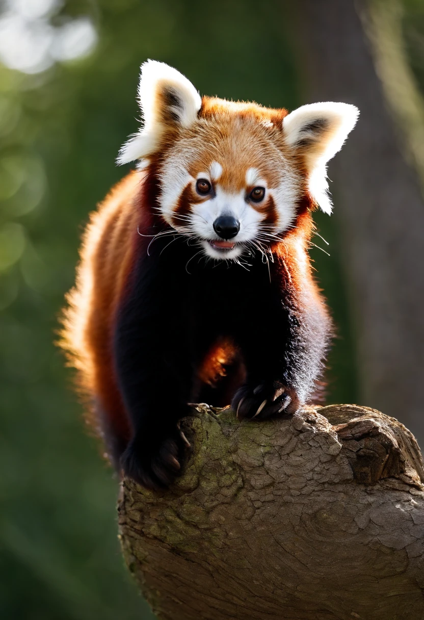Cute red panda standing on a tree trunk,and the sun was shining brightly,hyper HD,best qualtiy