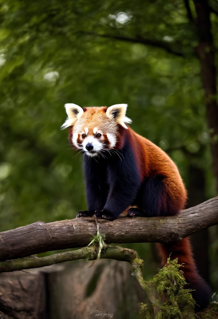 Cute red panda standing on a tree trunk,and the sun was shining brightly,hyper HD,best qualtiy