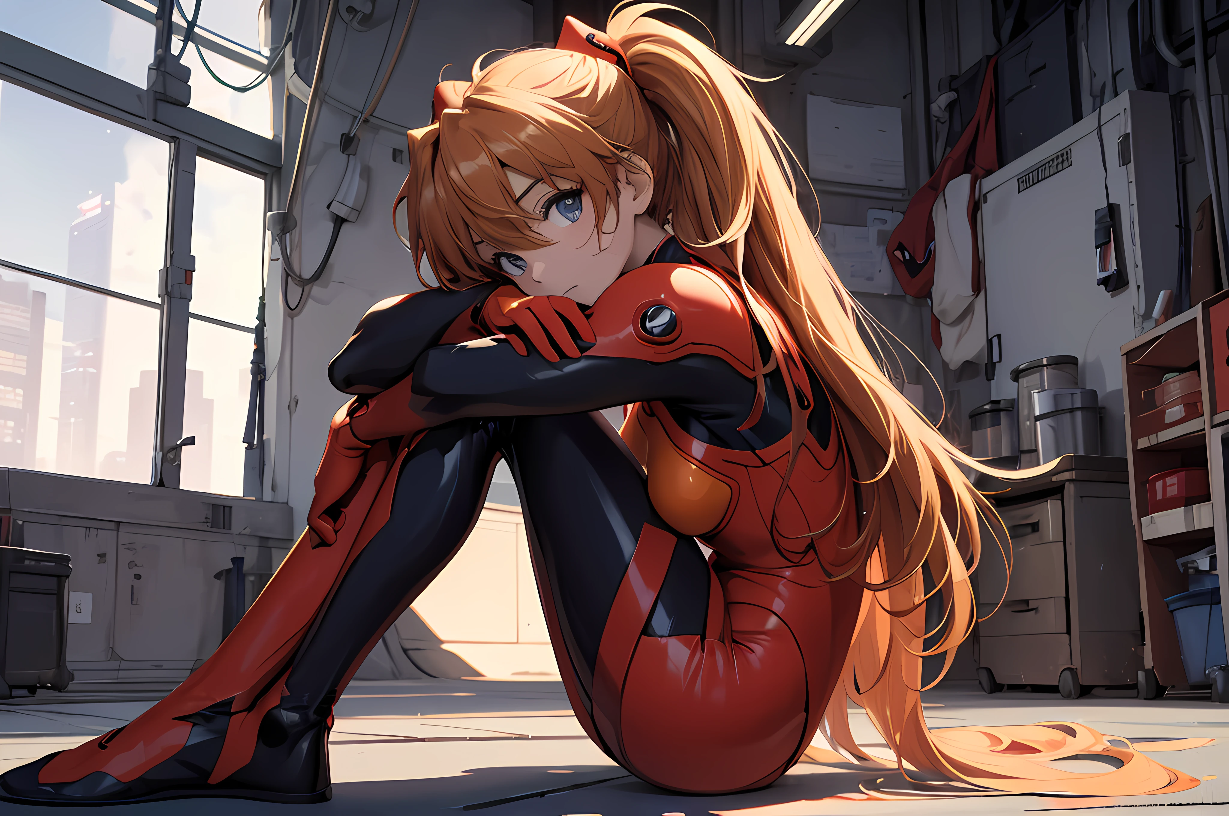 from side, (masterpiece), best quality, expressive eyes, perfect face, 1girl, solo, souryuu asuka langley, interface headset, red bodysuit, laboratory background, sitting on the floor, straight leg, bent leg,character sheet, upper body, portrait, looking at the viewer