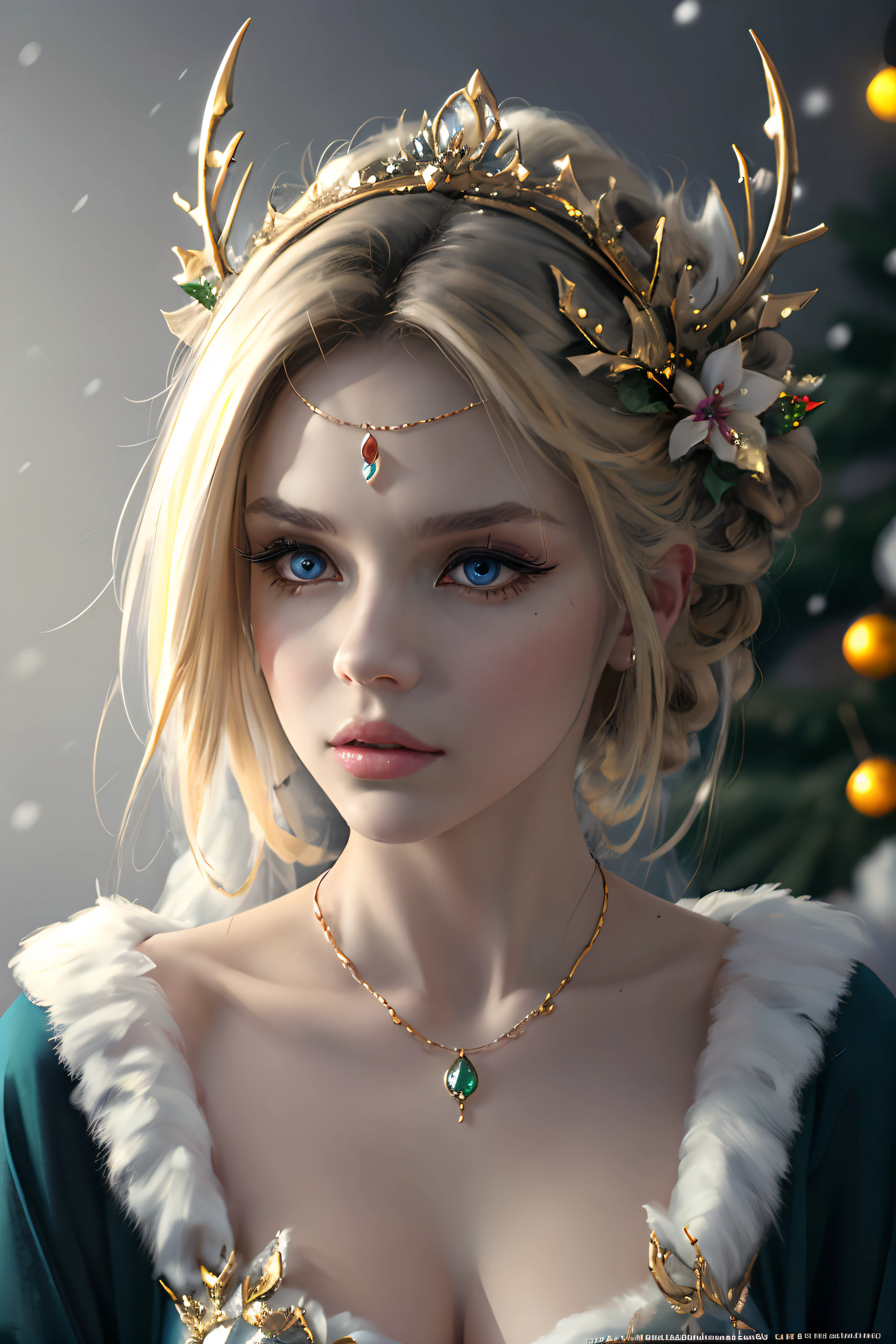 a beautiful empress portrait, blonde hair, perfect blue eyes, with a brilliant, impossible striking big Christmas headpiece, clothes Santa robes, everything Christmas, snow, symmetrical, dramatic studio lighting, rococo, baroque, greens, hyperrealism, D&D, fantasy, intricate, elegant, highly detailed, digital painting, artstation, octane render, 8k, concept art, matte, sharp focus, seductive, provocative, sultry,