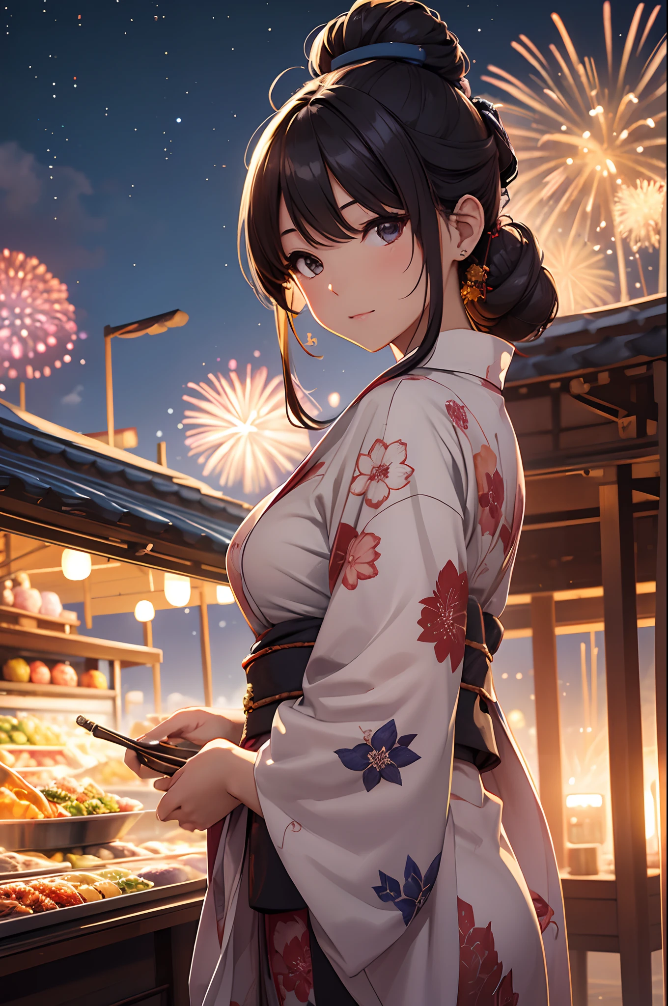 masterpiece、Background with((Fantastic fireworks、nigh sky、food stand))、a beauty girl、huge tit、Bronze color hair long、Highly detailed yukata、Hair in a bun and a hair ornament、Slim body