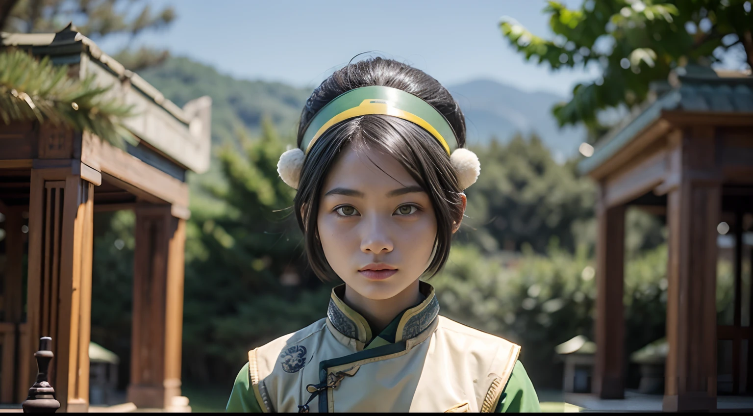 toph beifong, short hair, hair bun, hairband, grey eyes, chinese clothes, , beauty, extremely beautiful face, exquisite face, solo, 1 girl