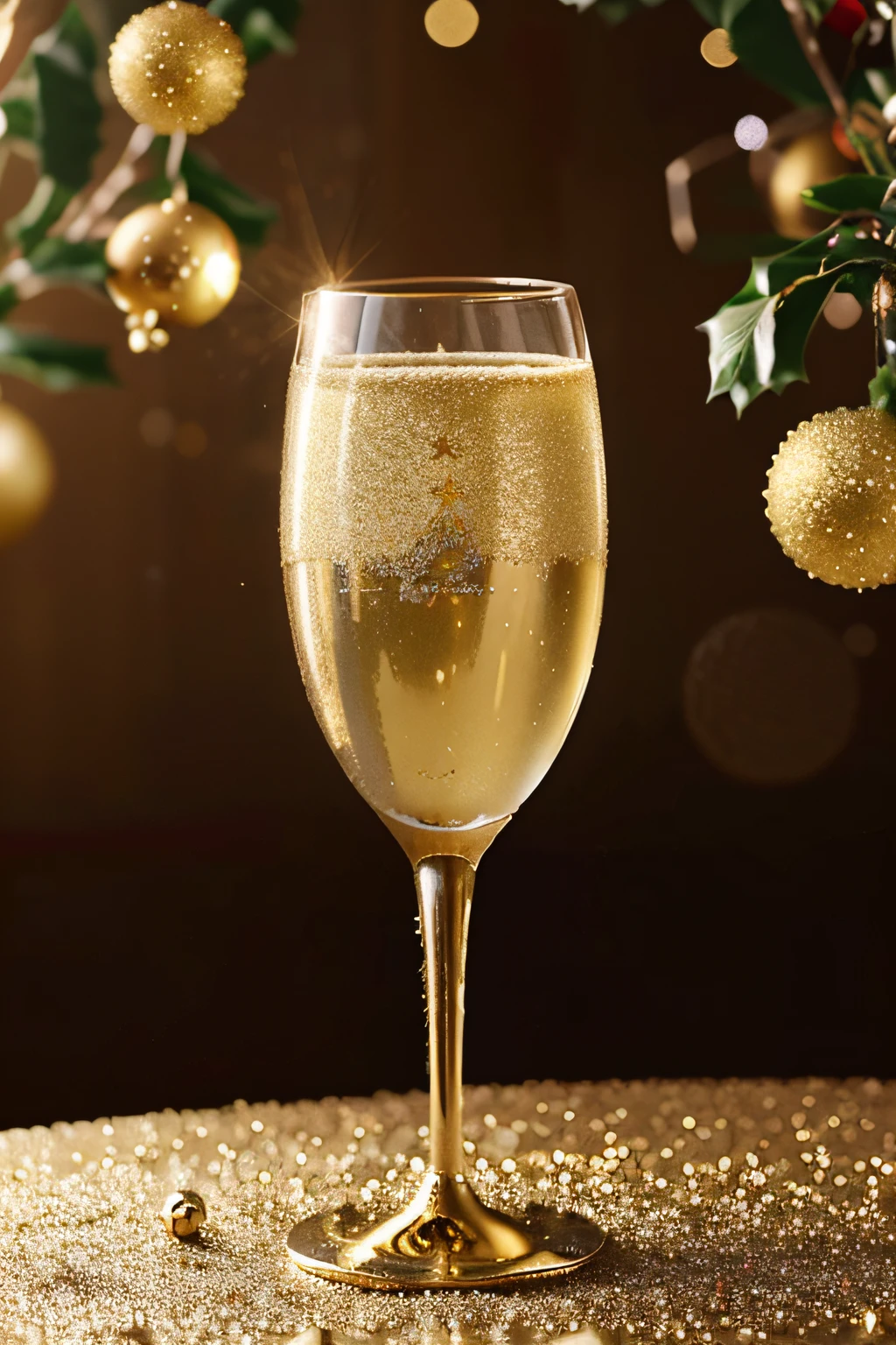 Champagne Glass Adorned with Christmas Baubles, Starry Holiday Background, Glitter, and Twinkling Lights. Golden Christmas Celebration with Sparkling Balloons, Glitter, and Confetti. Happy New Year.