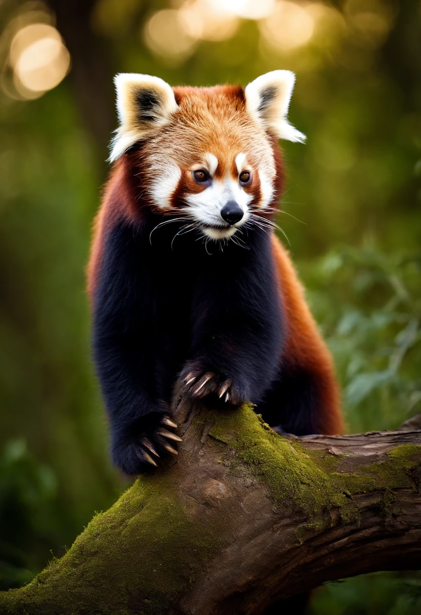 Cute red panda standing on a tree trunk,and the sun was shining brightly,hyper HD,best qualtiy