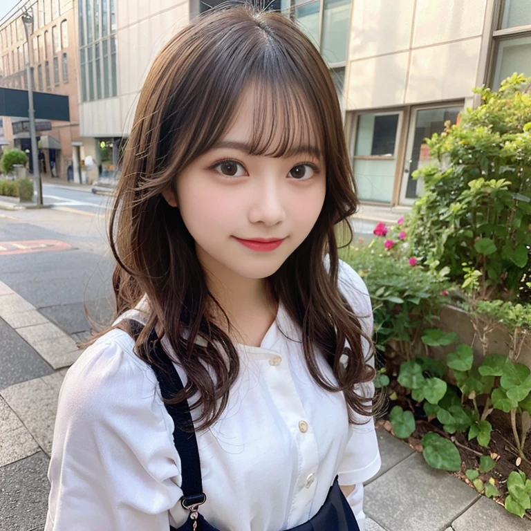 Curly hair, hi-school girl, selfee，a smile，Face Zoom, Looking Up, Fashionable clothes
