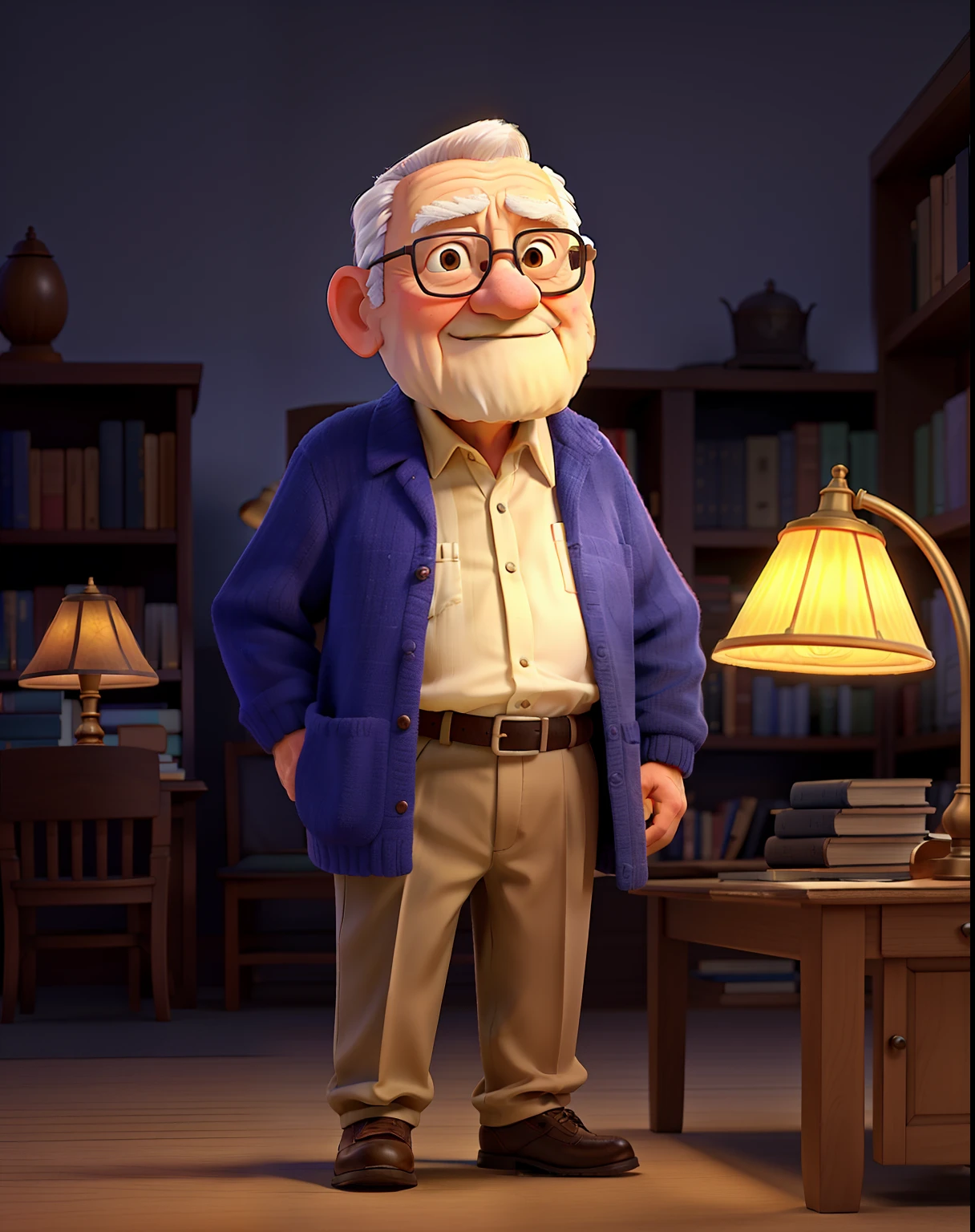 A wise old man standing in front, illuminated by the light of a lamp, against the backdrop of a library