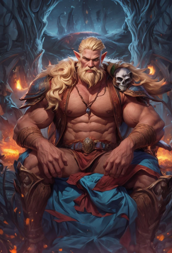Costume Party handsome old elf, pale skin, blonde hair, abino skin, long straight hair, wearing elfin , sitting , mustache, piercing blue eyes, brown hair, pronounced brow ridge, strong jaw, high cheekbones, (complete body:1.5), sitting on a bed spreading his legs, very beefy muscles, bulging biceps, bulging triceps, bulging pectorals, bulging quads, bulging trapezoids, wide shoulders, bulging calves, bulging forearms, hairy, (giant:1.5), tall, solo person. Art deco masterpiece, alpha male, at night, skull, nightmare, fire, intricately detailed, sharp focus, extremely detailed, dark fantasy, glowing, colorful painting, rich color, HDR, octane render, digital illustration, cinematic light, sitting on the throne,