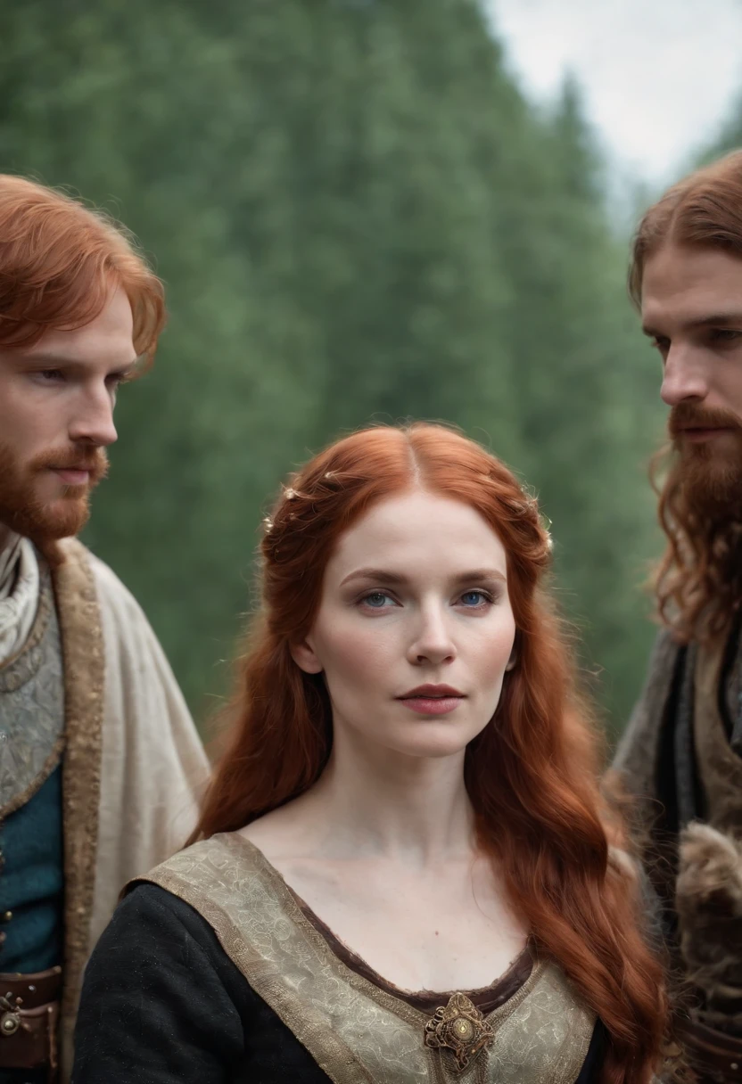 In the Middle Ages, A red-haired female magician is surrounded by the prince's four brothers. 8K, Highest quality, style of surrealism,