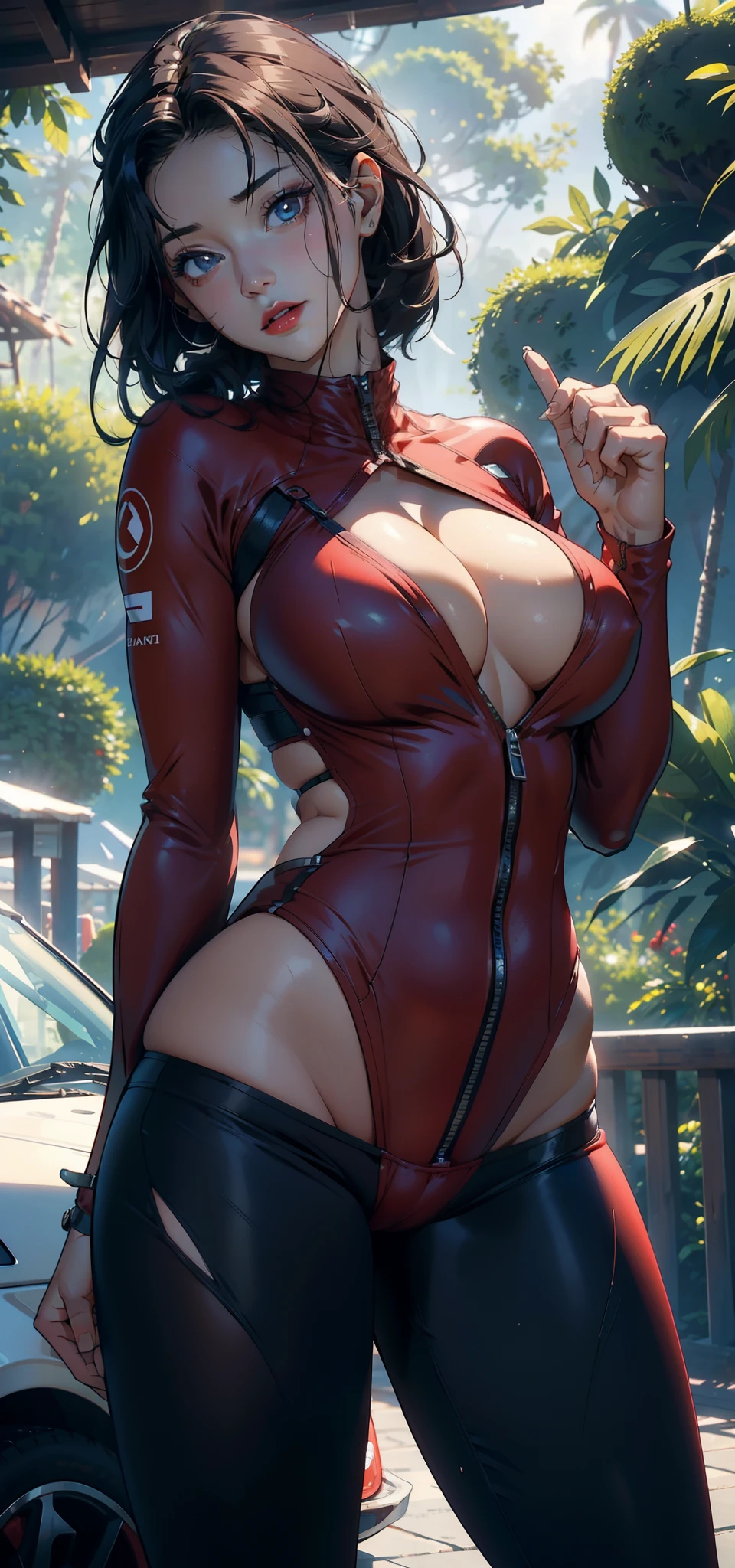 1female,41 years old,熟妇,mature,plumw,extremely large bosom ,Pornographic exposure, 独奏,(Background with:the rainforest,Rally tracks) She has short black hair,Stand on the race car,seen from the front, hair straight, mostly cloudy sky,(((tmasterpiece),(Very detailed CG unity 8K wallpaper),best qualtiy,cinmatic lighting,detailed back ground,beatiful detailed eyes,Bright pupils,Redlip(Very fine and beautiful),(Beautiful and detailed eye description),ultra - detailed,tmasterpiece,)),facing at camera,A high resolution,ultra - detailed),revealing breasts,Bare genitalia, Bulge,legs are open,Raised sexy,Camel toes,Flushed complexion,Open-mouthed,frontage,Racers,(Wearing:Sexy red racing suit,komono,nakeness,Bare genitalia,Bare breasts)