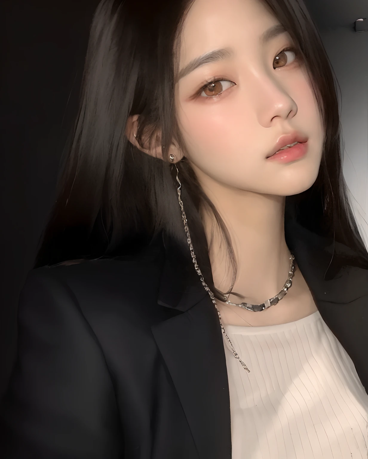 There's a woman with a necklace and a jacket in, cruel korean goth girl, Ulzzang, Jisoo do Blackpink, Heonhwa Choe, jisoo do blackpink, Xision Wu, Jinyoung Canela, Jaeyeon Nam, coreana, Retrato Jisoo Blackpink, jossi do blackpink, Lee Ji - Eun, Lee Ji-eun, TaeJune Kim, com cabelos longos