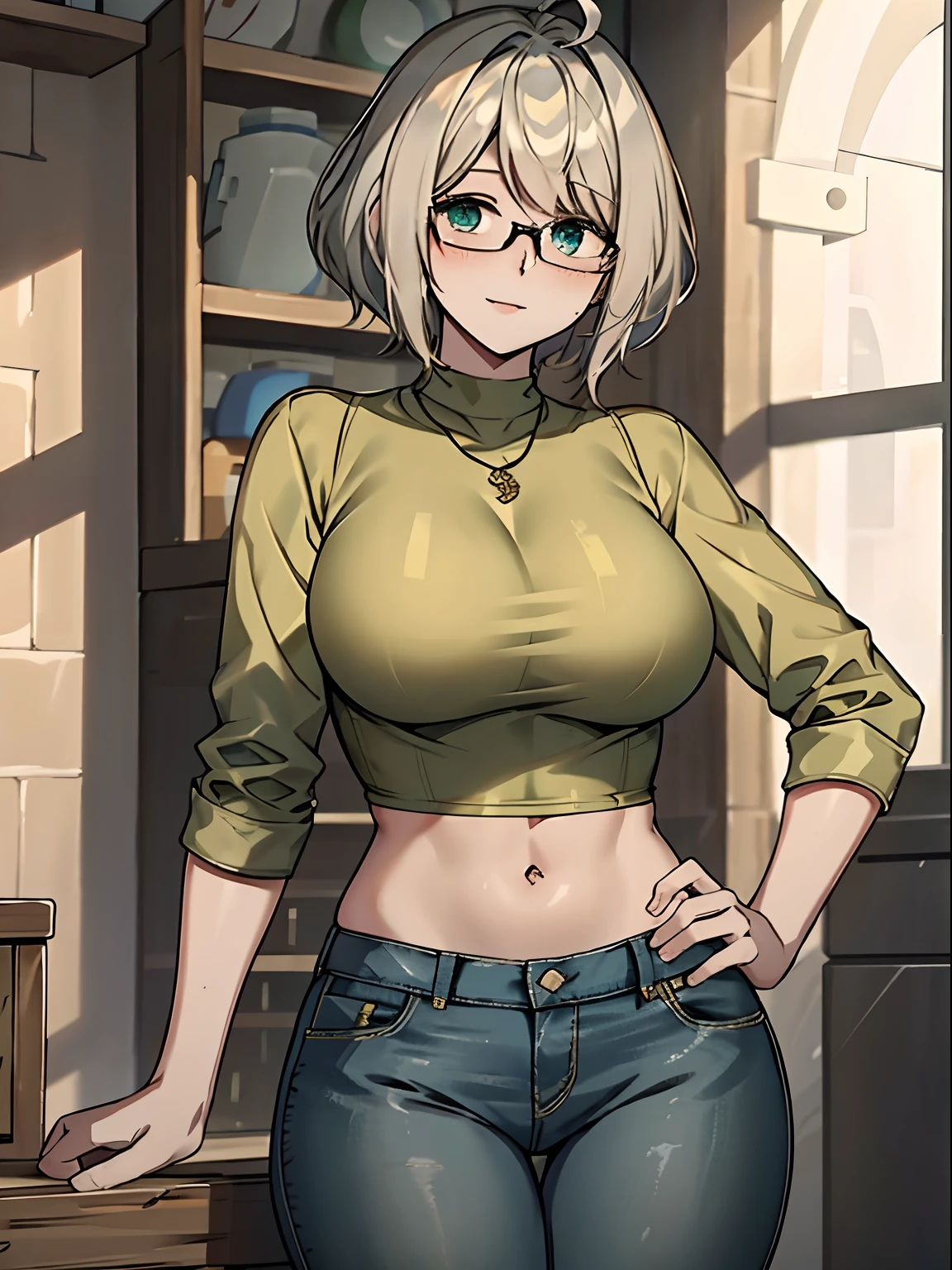 master part, best quality, 1girl, sozinho, 23 anos, adulto,, messy hair, asymmetrical hair, Ahoge, cabelos muito curtos, aqua eyes, medium breasts,  Tonificado, 167 centimeters, pale skin, glasses, sorriso, camisa verde oliva, jeans, Espreita Midriff,