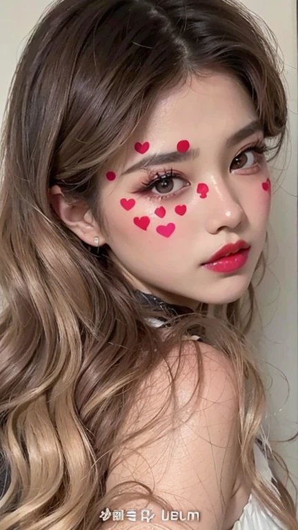 Un primer plano de una mujer con corazones rojos pintados en la cara, Small heart-shaped face, full heart - heart-shaped face, Retrato realista kawaii, red lipstick on face, heart shaped face, corazones rojos, Heart Eyes, heart shaped face, heart shaped face, Pintura realista de chica linda, ulzzang, maquillaje popular de Corea del Sur, con maquillaje profesional, maquillaje creativo