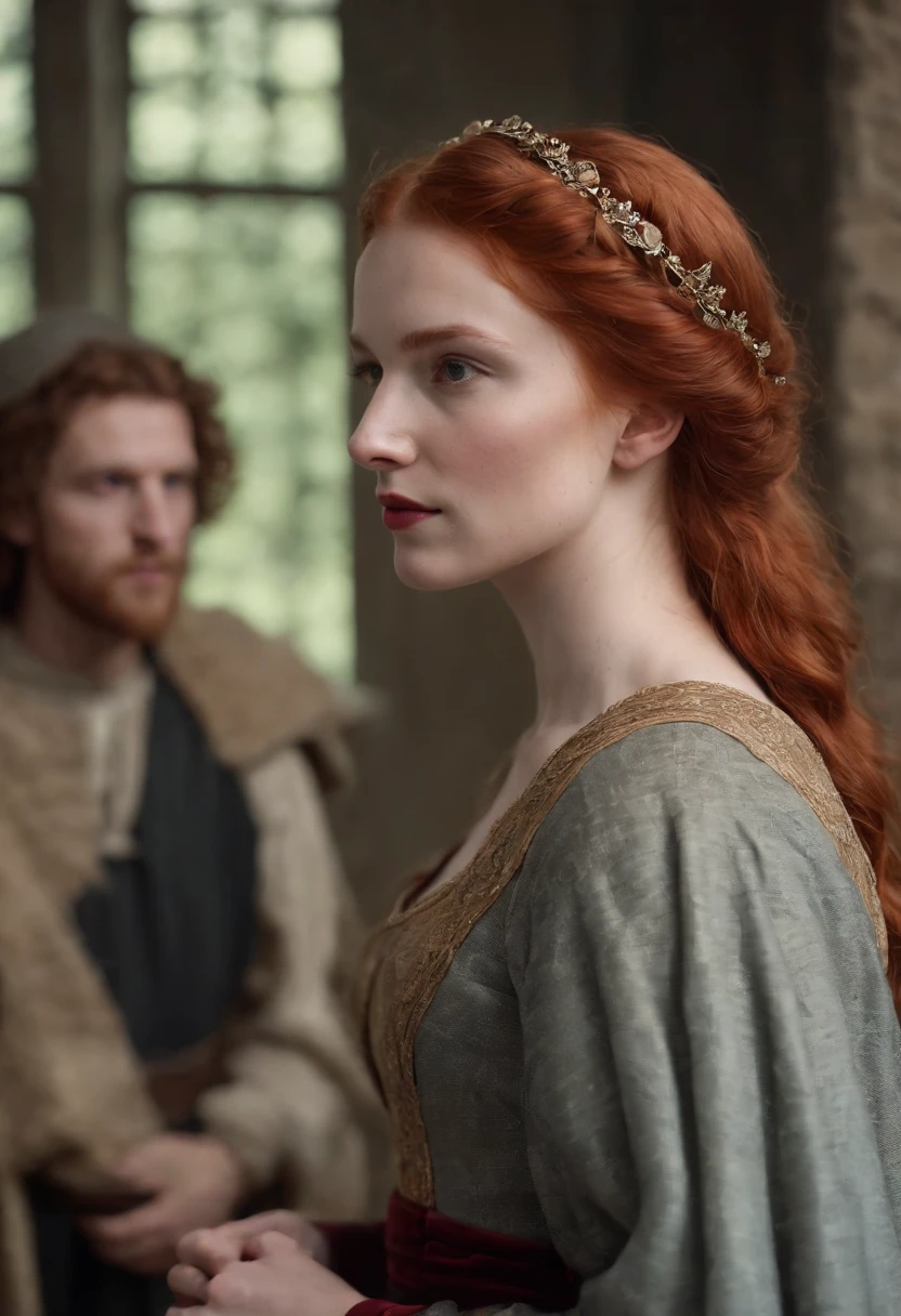 In the Middle Ages, A red-haired girl served by four princes. 8K, Highest quality, style of surrealism,