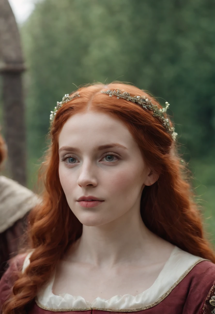 In the Middle Ages, A red-haired girl served by four princes. 8K, Highest quality, style of surrealism,