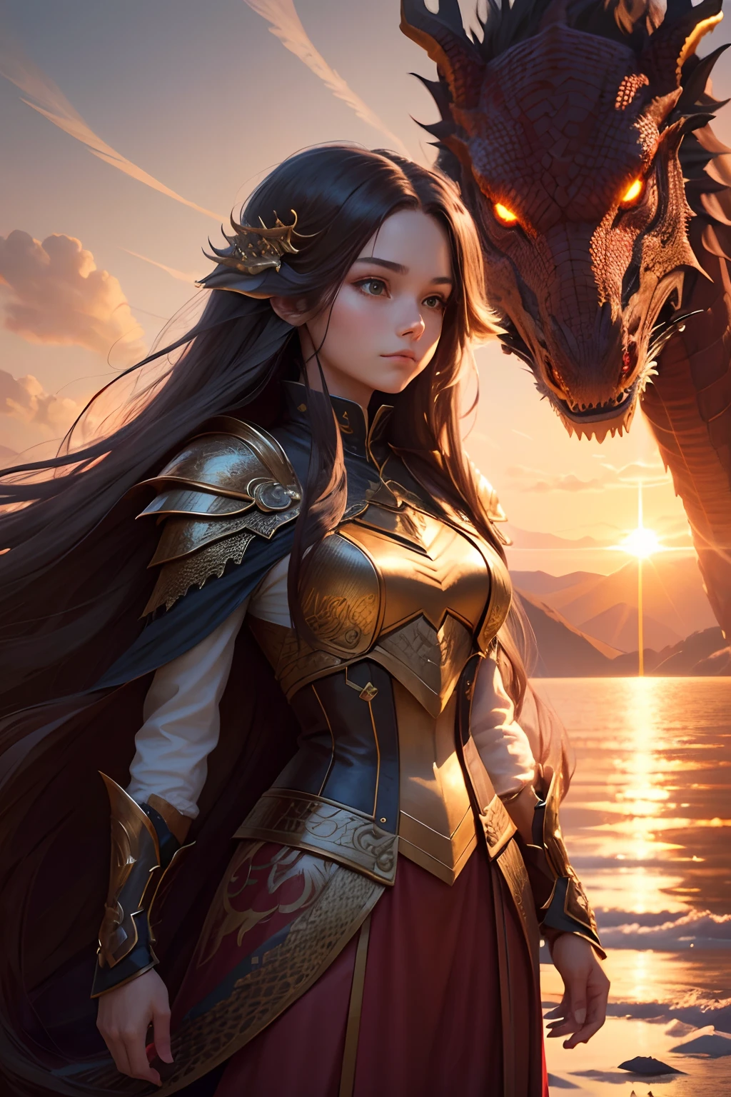 tmasterpiece,best qualtiy,8k,high detal,ultra - detailed,; A girl with long, flowing hair, standing bravely before a magnificent dragon, both of them bathed in the warm glow of a setting sun; girl, ((long flowing hair)), standing, dragon, majestic scales, fiery eyes, sunset.