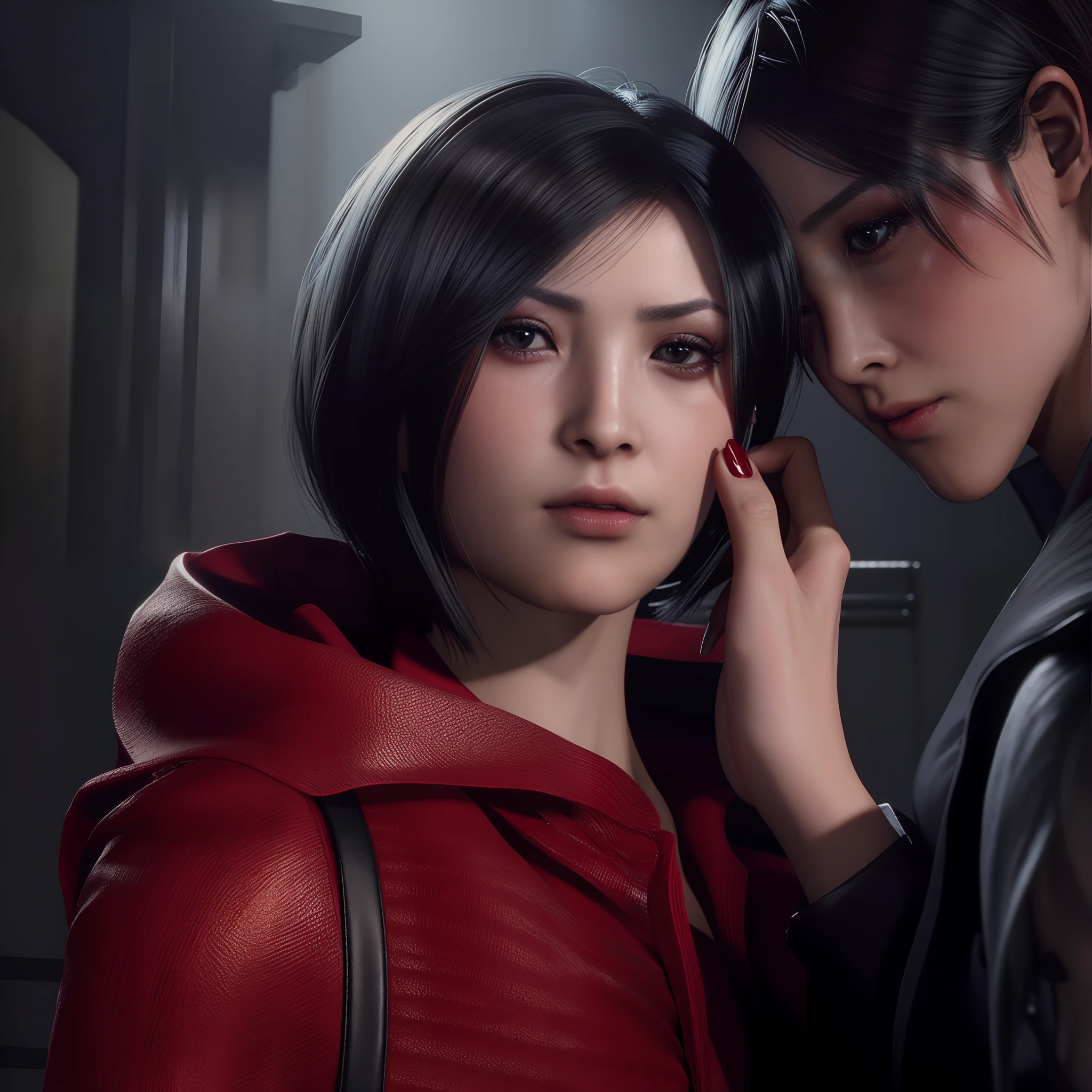 HD, ada wong, beautiful face, bob hair, red coat with black nail polish, sad face