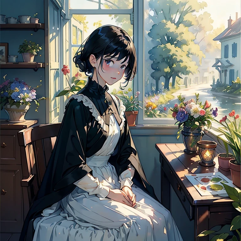 ((Watercolor by singer Sargent))、(top-quality、masterpiece)、1girl in、、A stunning、Short black hair、tiny chest、校服、long skirt、Botanical Garden、Flower Shop、The table、florals、window、houseplant、 The tree,