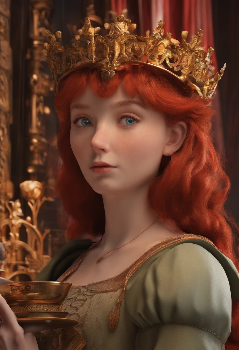 In the Middle Ages, A girl with red hair,Served by four princes. 8K, Highest quality, style of surrealism,