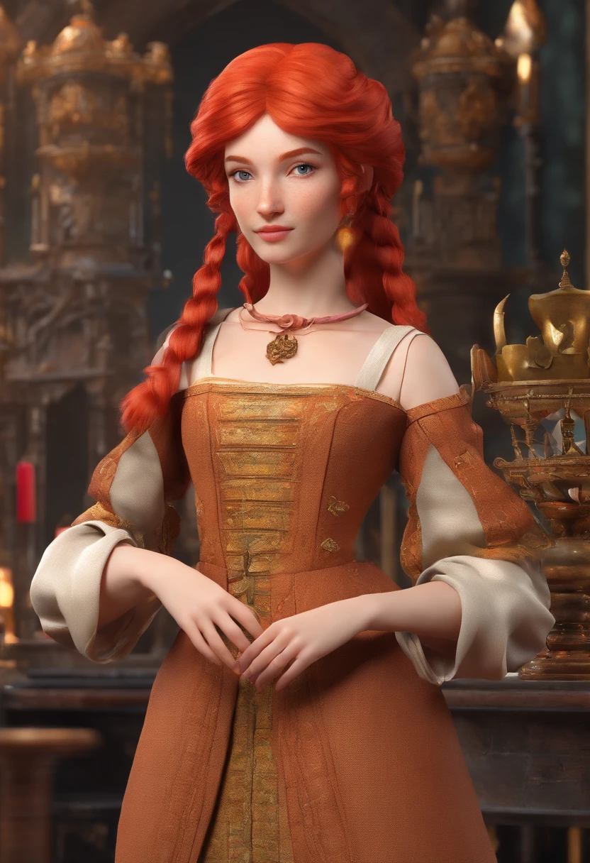 In the Middle Ages, A girl with red hair，Served by four princes. 8K, Highest quality, style of surrealism,