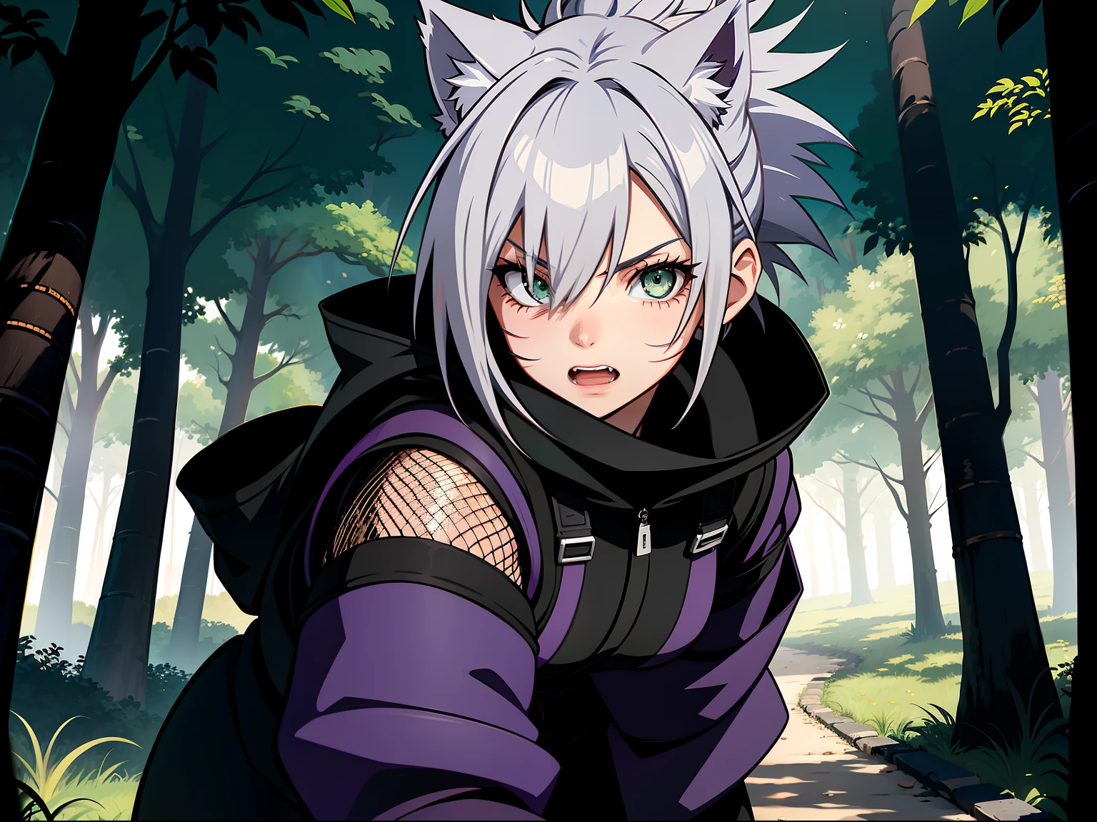 SFW, ultra 4k hd, absurdres, anime, naruto (anime), naruto (art style), white hair, lavender hair, gray hair, silver hair, neko, green eyes, ninja, short hair, chubby, medium breasts, messy hair, gray hair, cat ears, catgirl, nekomimi, cat tail, forehead protector, kunoichi, hair between eyes, silver hair, anime style, fullbody, eye scar, fangs, 1girl, naruto shippuden, solo, baggy clothes, alone, forest, village, 1fang, cloak, fishnets, v bangs, bangs, fluffy, dark clothes, purple clothes, clothing design, ninja fashion, light eyes, scar over eye, light green eyes, scars, hood, hood down, hood off, ((best quality:1), (masterpiece:1), (ultra-detailed:1):1.3), cinematic lighting, detailed background, detailed, absurd detail, ahoge, half updo, chubby cheeks, (detailed background), pose, ((fishnets)), (ninja)