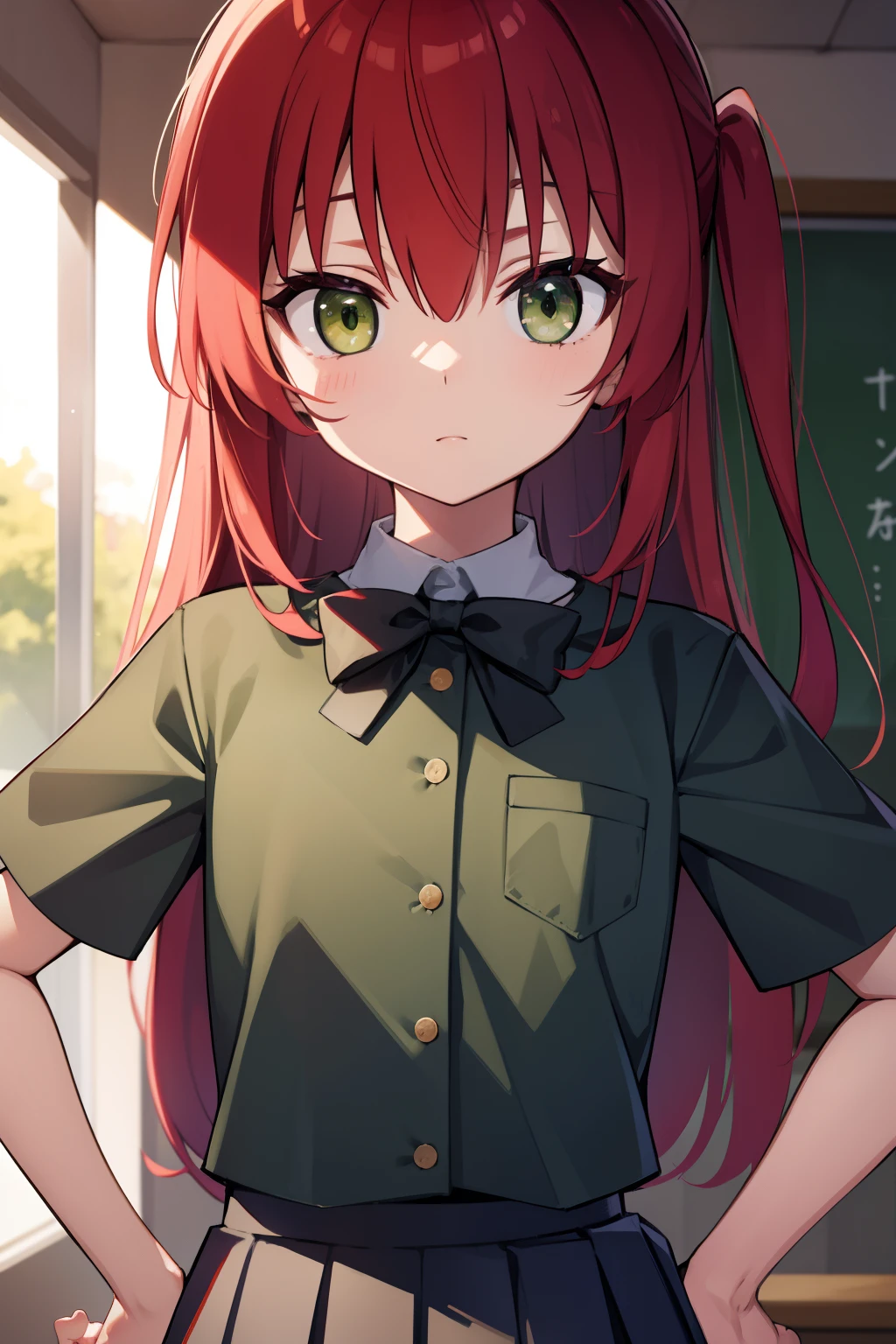 kitaikuyo, ikuyo kita, (green eyes:1.5), hair between eyes, long hair, one side up, red hair, (flat chest:1.2),
BREAK black footwear, black skirt, grey sailor collar, pleated skirt, sailor collar, school uniform, shoes, short sleeves, shuka high school uniform, skirt,,
BREAK looking at viewer,
BREAK indoors, classroom,
BREAK (masterpiece:1.2), best quality, high resolution, unity 8k wallpaper, (illustration:0.8), (beautiful detailed eyes:1.6), extremely detailed face, perfect lighting, extremely detailed CG, (perfect hands, perfect anatomy),up chest.put hands on the hip.