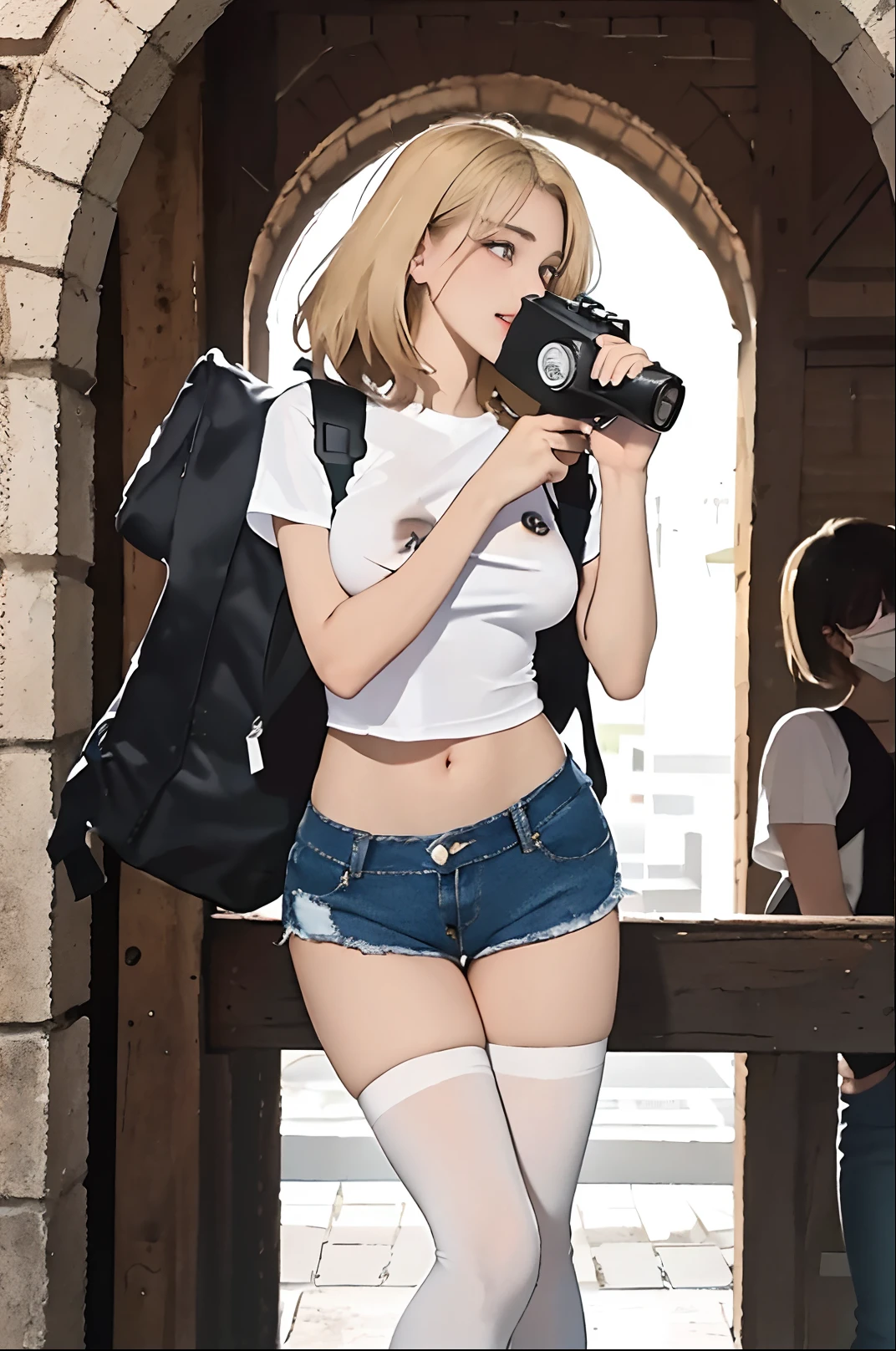 16 year old pre-teen, European, Blonde, Small breasts, Big eyes, close-up on breasts, low-cut t-shirt, denim shorts, powder tights, backpack, sexmachine, Ray Tracing, HDR