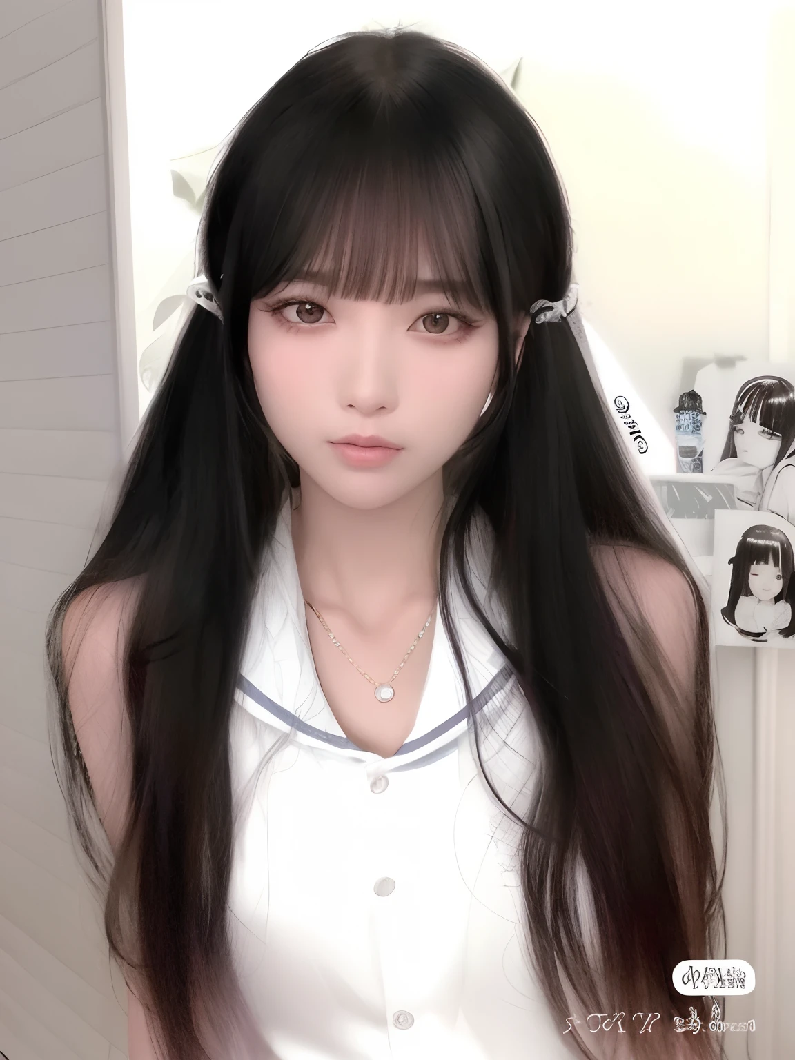 um close up de uma mulher com cabelos longos usando um vestido branco, cabelo arrumado com franja, Ulzzang, cabelos longos com franja, cabelo comprido com franja completa, Ela tem cabelo preto com franja, Franja reta longa, branco hime corte penteado, preto hime corte cabelo, cabelos escuros longos com franja, cabelo blackbangs cabelo, cabelo preto longo com franja, com franja