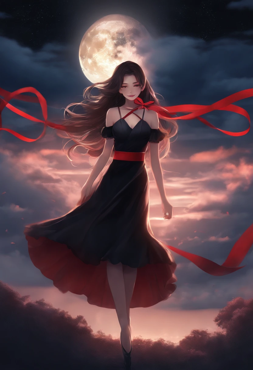 Masterpiece, Best quality, Detailed, 1girll, Solo, Night sky, Outdoors, full moon, stars, Clouds, Night,, dark sakura, (Black dress), Long hair, Evil smile, Red ribbon, streaked, Thighs