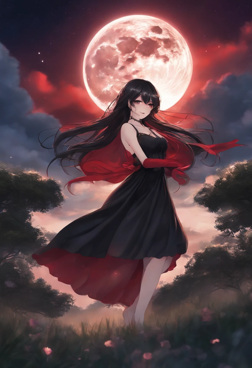 Masterpiece, Best quality, Detailed, 1girll, Solo, Night sky, Outdoors, full moon, stars, Clouds, Night,,  dark sakura, (Black dress), Long hair, Evil smile, Red ribbon, streaked, Thighs