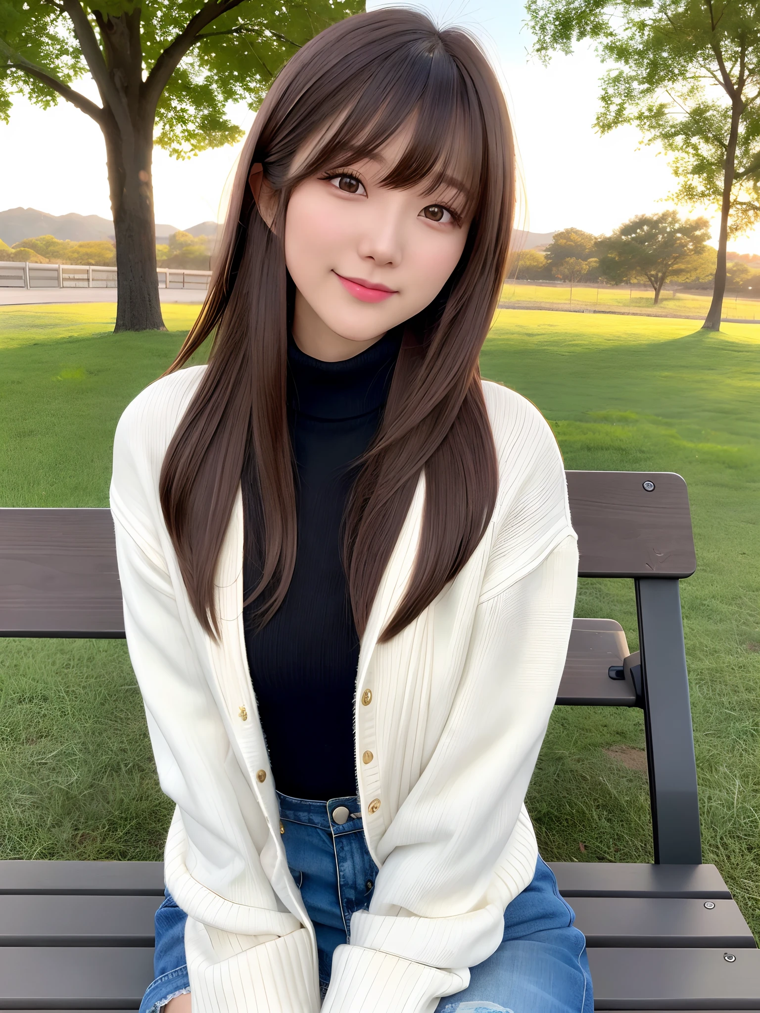 product quality, 1 girl per 1 photo, cowboy shot, front view, a Japanese young pretty girl, long bob hair, sitting with a big smile on a bench in a small park in the sunset, white jacket over a black turtleneck sweater, black miniskirt, a tote bag over her shoulder, hyper cute face, glossy lips, double eyelids for both eyes, natural makeup, shiny smooth light brown hair of long bob hair, asymmetrical bangs, high resolution, high detail, detailed hairstyle, detailed face, cinematic lighting, octane rendering, hyper realistic, perfect limbs, perfect anatomy