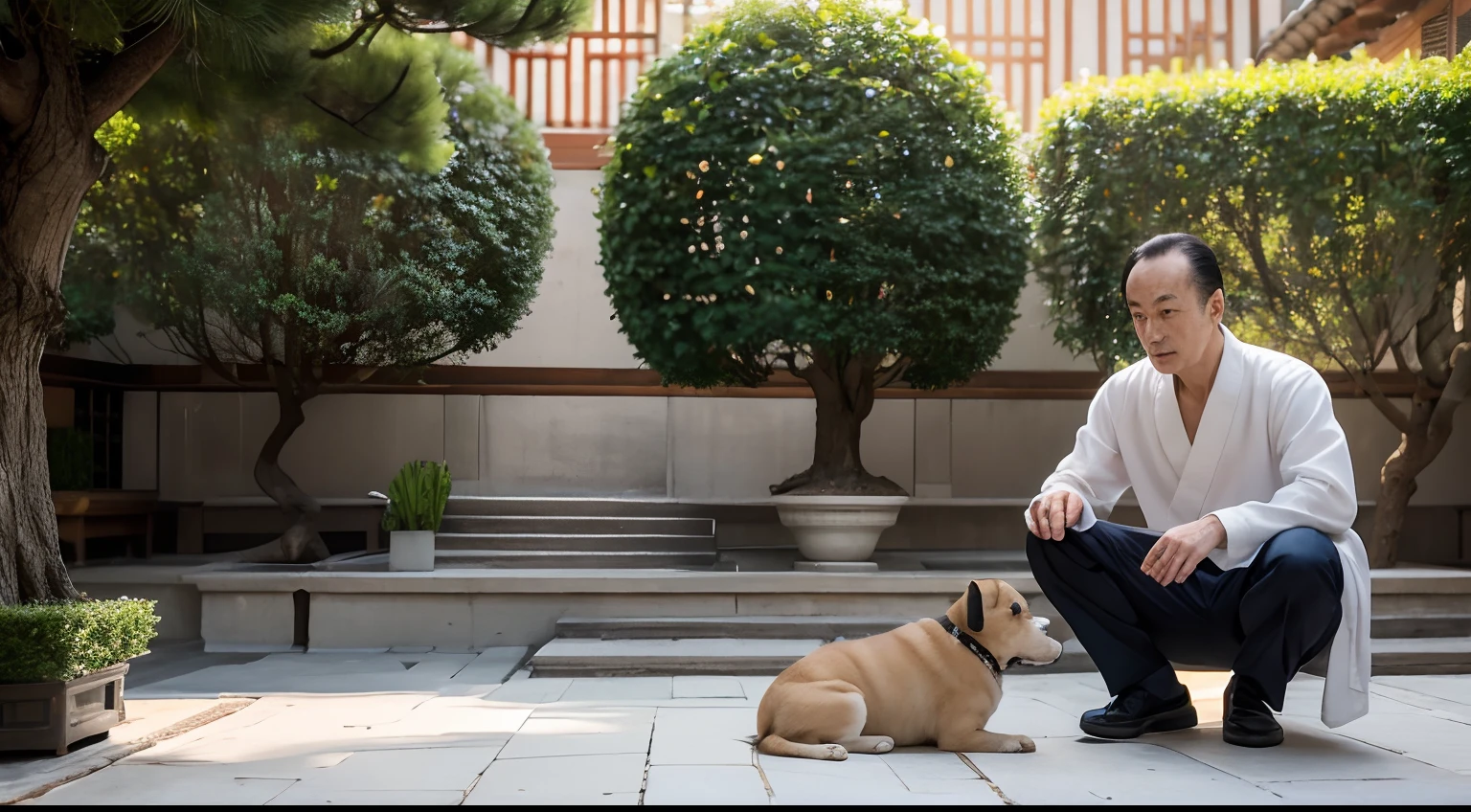 Li Fu sits in his typical Song Dynasty courtyard with a puppy and a big tree，The man's wrinkled forehead and tightly knit brow reveal inner anxiety and confusion