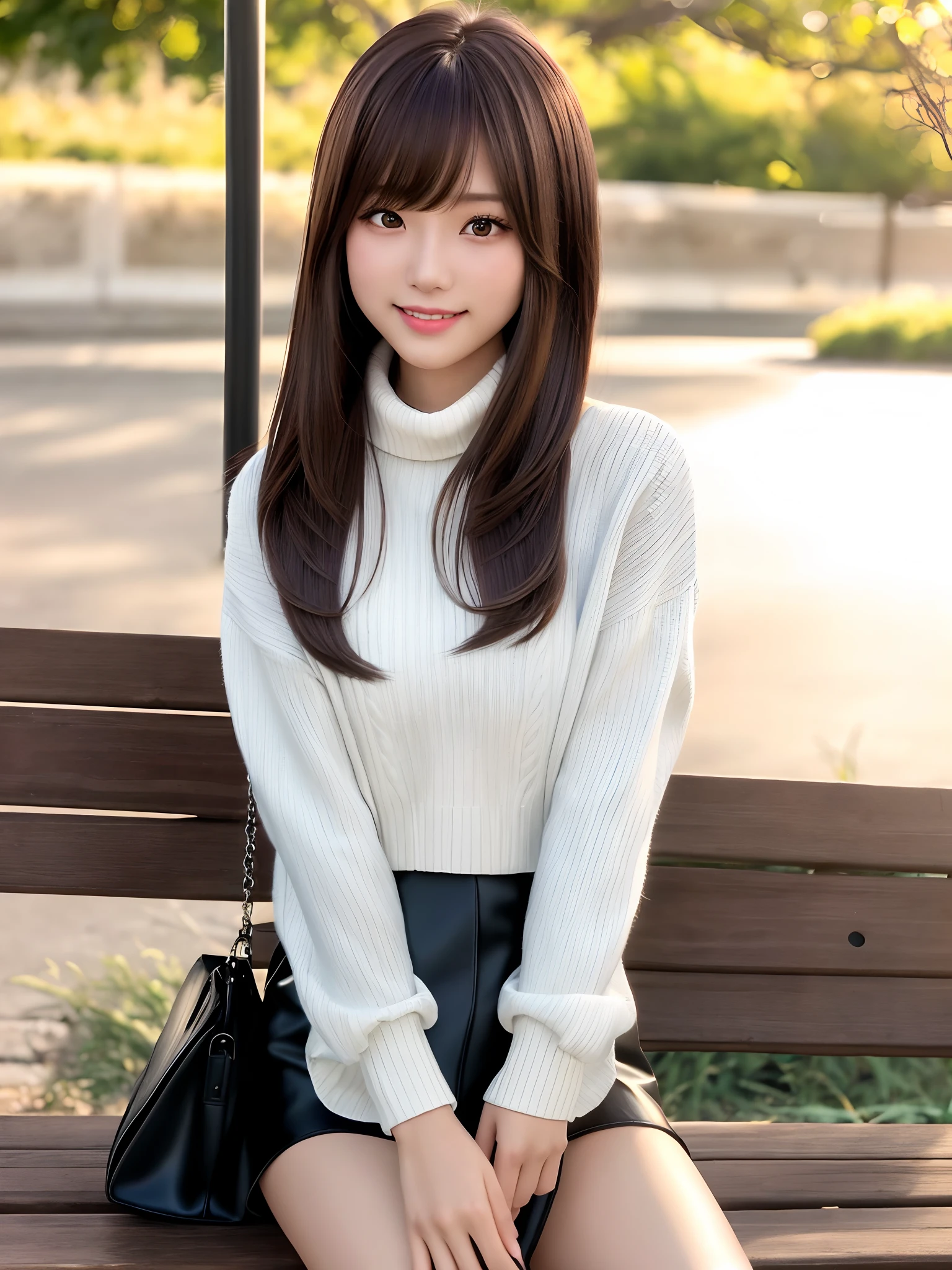 product quality, 1 girl per 1 photo, cowboy shot, front view, a Japanese young pretty girl, long bob hair, sitting with a big smile on a bench in a small park in the sunset, white jacket over a black turtleneck sweater, black miniskirt, a tote bag over her shoulder, hyper cute face, glossy lips, double eyelids for both eyes, natural makeup, shiny smooth light brown hair of long bob hair, asymmetrical bangs, high resolution, high detail, detailed hairstyle, detailed face, cinematic lighting, octane rendering, hyper realistic, perfect limbs, perfect anatomy
